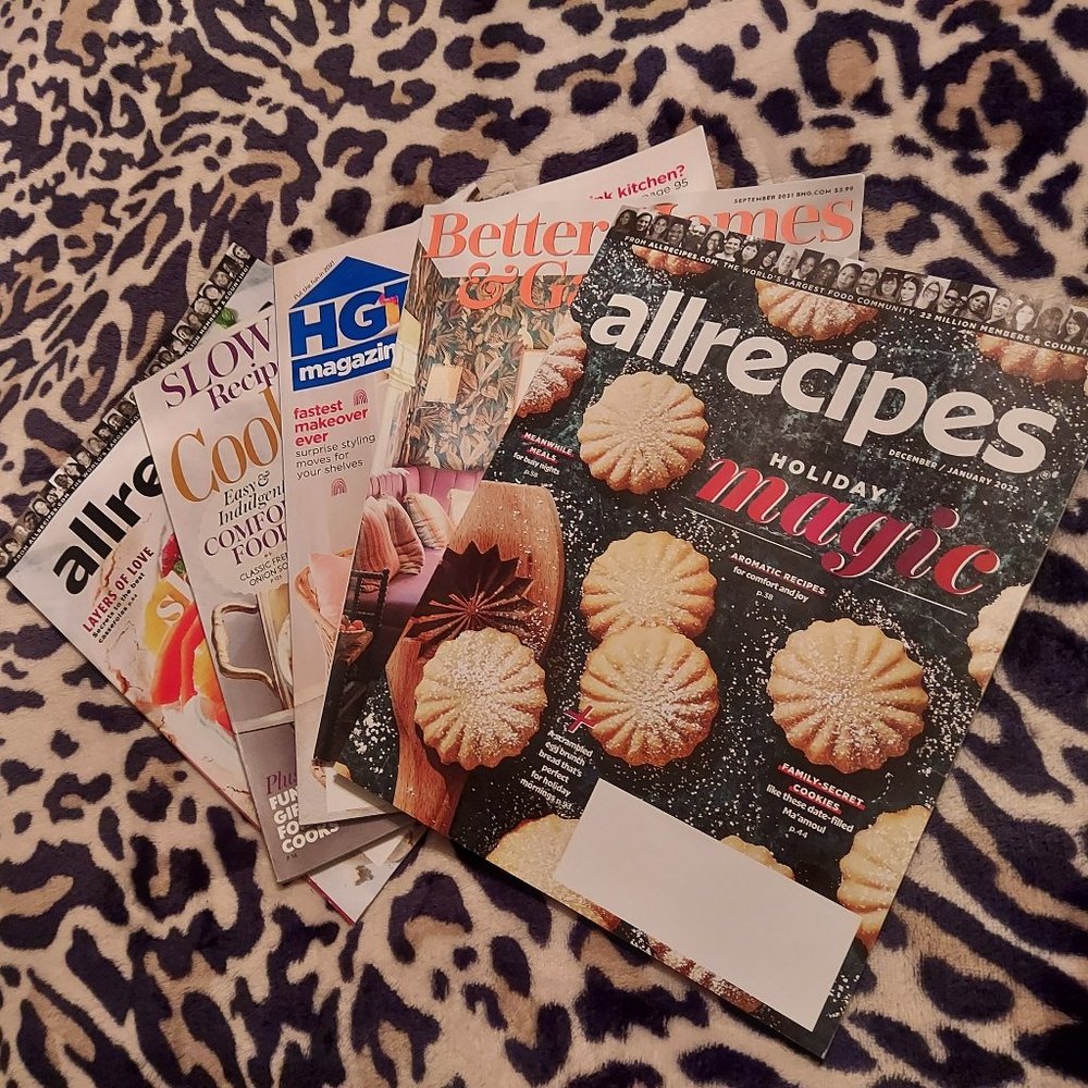 Magazines: Allrecipes (2)  Better Home & Garden, HGTV Magazine, Cooking Light